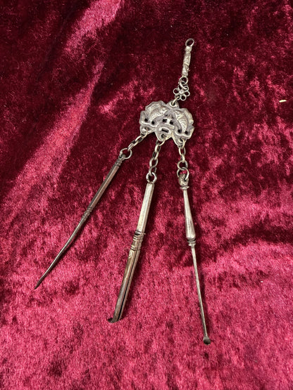 Antique Sterling Silver Opium Chatelaine – Twin Koi Fish and Monkey - Late Qing Dynasty