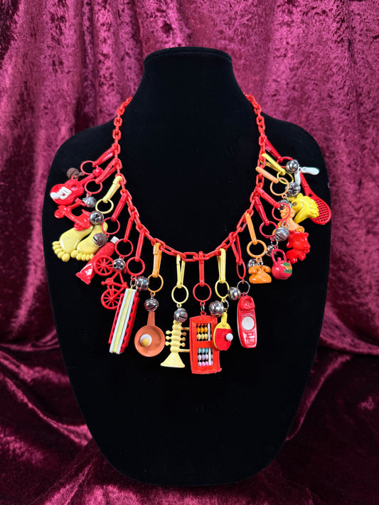 Vintage 1980s Plastic Chain Charm Necklace - 17 Bell Charms - Red Orange Yellow