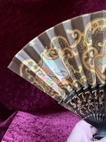 Vintage Mid Century Painted Wood Folding Fan – Double-Sided European Court Scenes