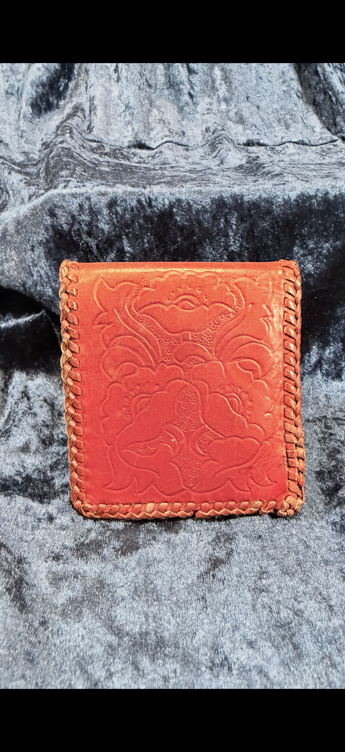 Vintage Red Leather Wallet - Hand-Tooled Floral Design with Braided Edges
