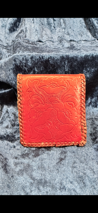 Vintage Red Leather Wallet - Hand-Tooled Floral Design with Braided Edges