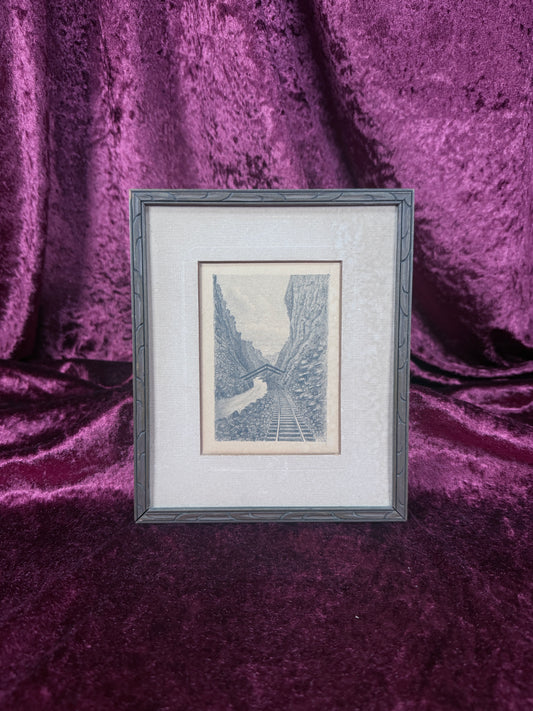 Vintage Framed Etching – Railroad Canyon Landscape in Wood Frame