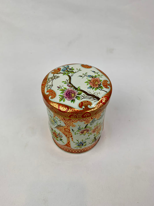 Vintage Decorative Peach & Gold Tea Tin with Asian Style Flower Branches - Made In England