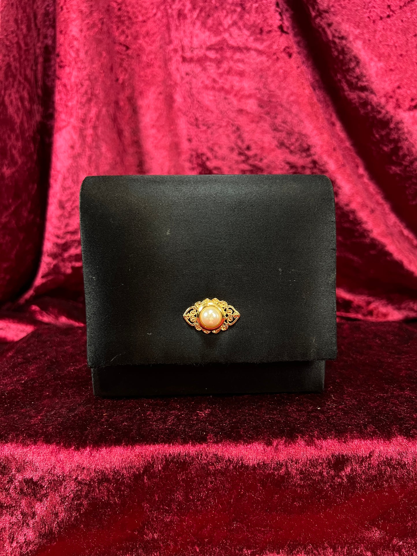 Vintage La Regale Satin Evening Bag - Faux Pearl Clasp Black Crossbody Purse