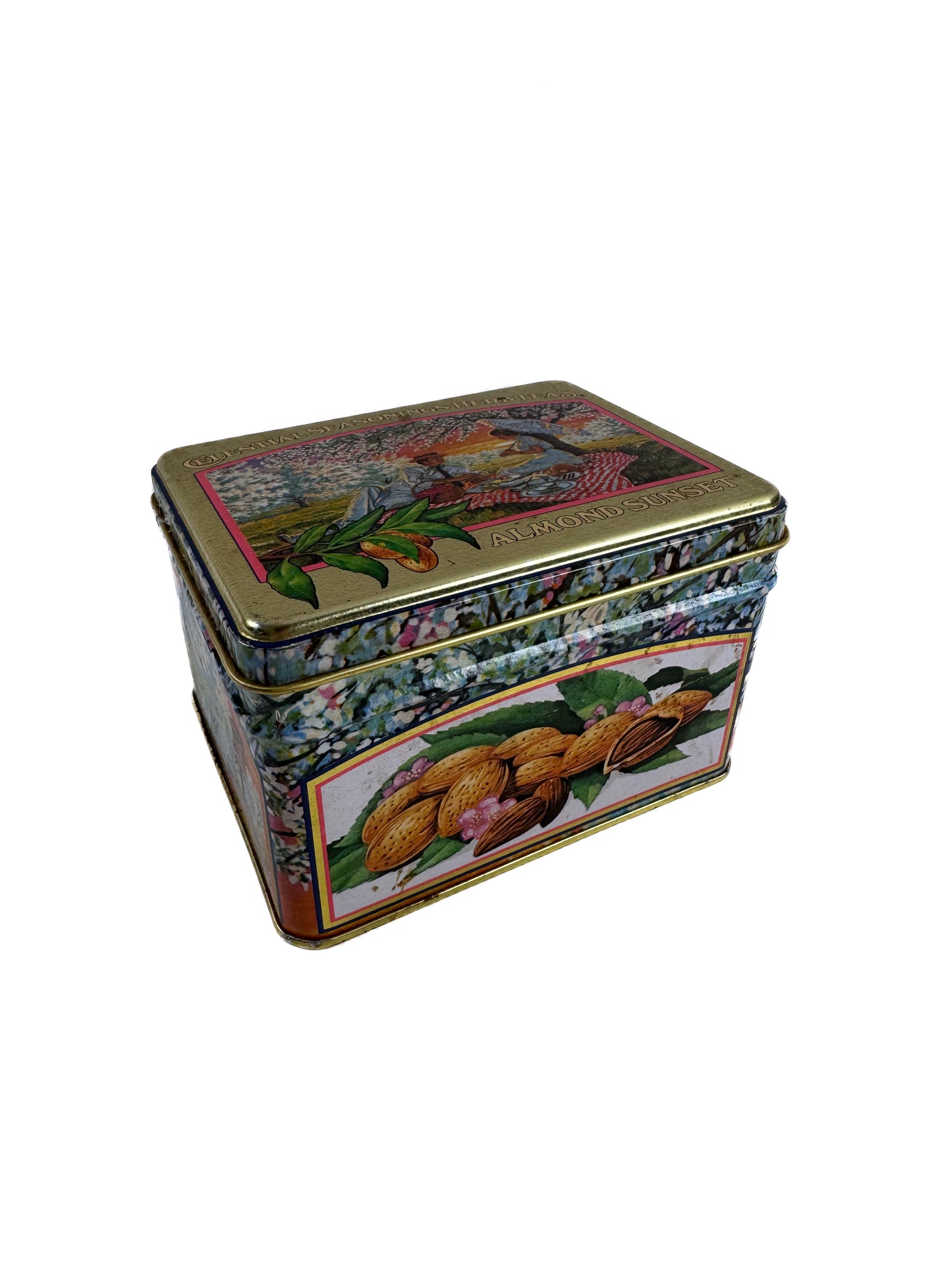 Vintage Tea Tin - Celestial Seasonings Almond Sunset - 1985 Sara Grand Herb Box