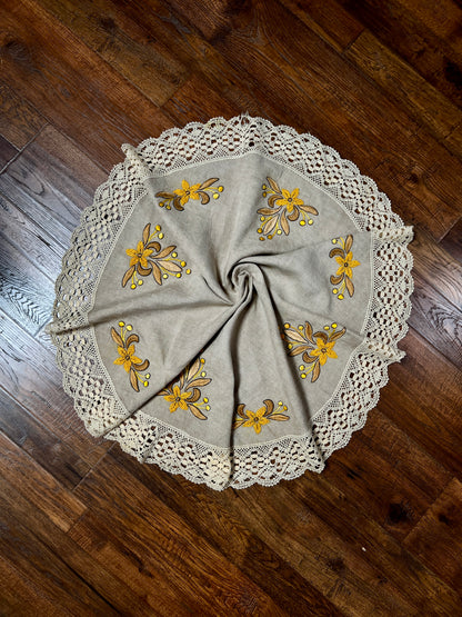 Vintage Circular Linen Table Cover - Harvest Yellow Embroidered Florals Crochet Lace Trim