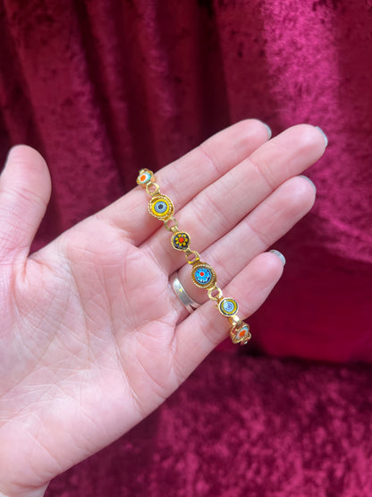 Vintage Jewelry - Bracelet - Gold Tone Metal - Round Glass Tiles