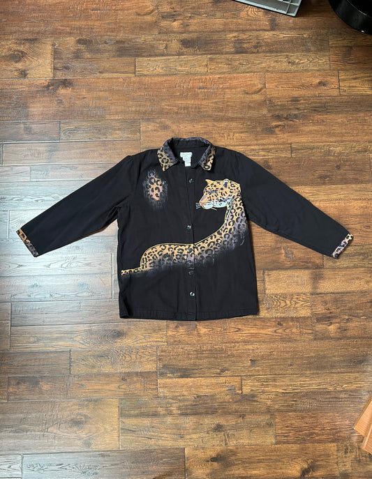 Vintage Clothing - Button Up Shirt - Hand Painted Leopard - Great Cavalier - Medium