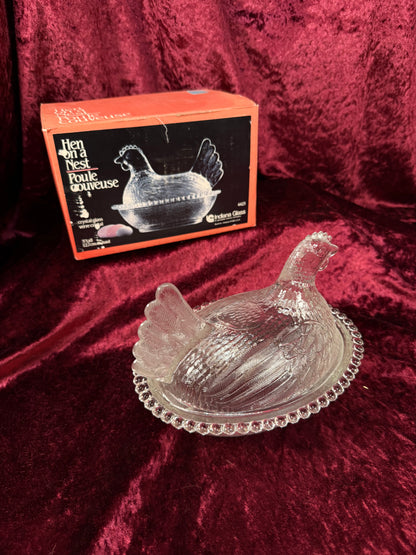 Vintage Crystal Glass Hen on Nest Dish – Beaded Rim Covered Candy Bowl with Original Box