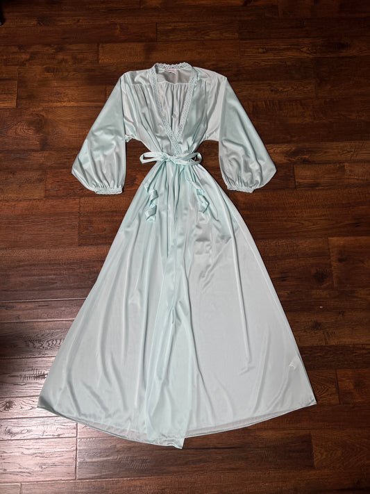Vintage Miss Elaine Satin Tie Waist Robe - Pastel Blue Floral Lace Full Length - Size Medium