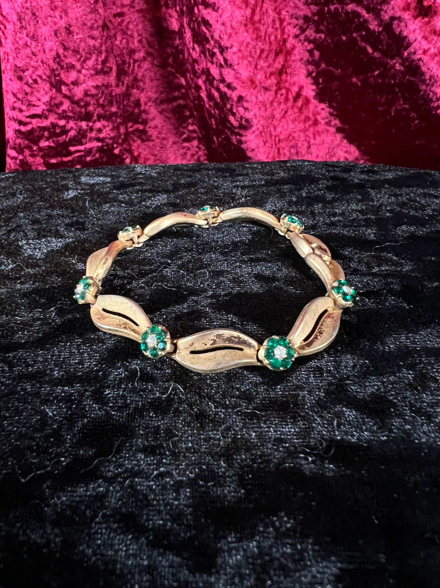 Vintage Gold Tone Trifari Bracelet - Green Rhinestone Floral Link Design