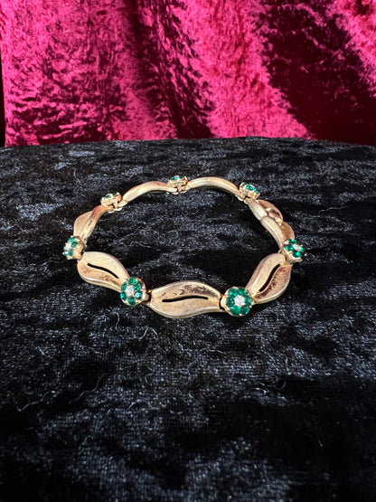 Vintage Gold Tone Trifari Bracelet - Green Rhinestone Floral Link Design