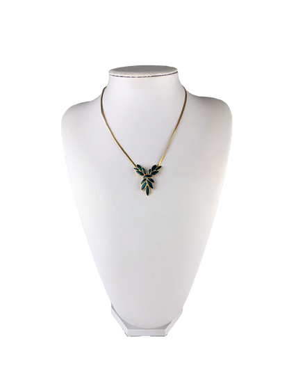 Vintage Trifari Gold Tone Snake Chain Necklace with Aquamarine Enamel Pendant