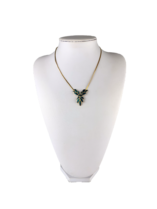 Vintage Trifari Gold Tone Snake Chain Necklace with Aquamarine Enamel Pendant