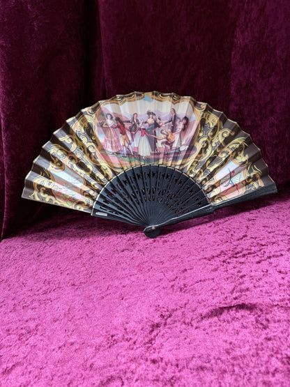 Vintage Mid Century Painted Wood Folding Fan – Double-Sided European Court Scenes