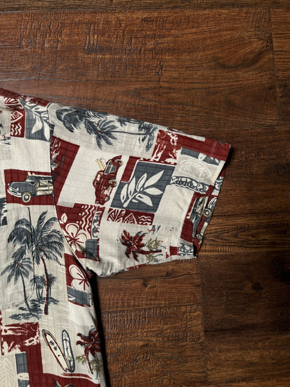 Vintage Paradise Blue Silk Rayon Shirt – Hawaiian Surf Car Print – Size Large