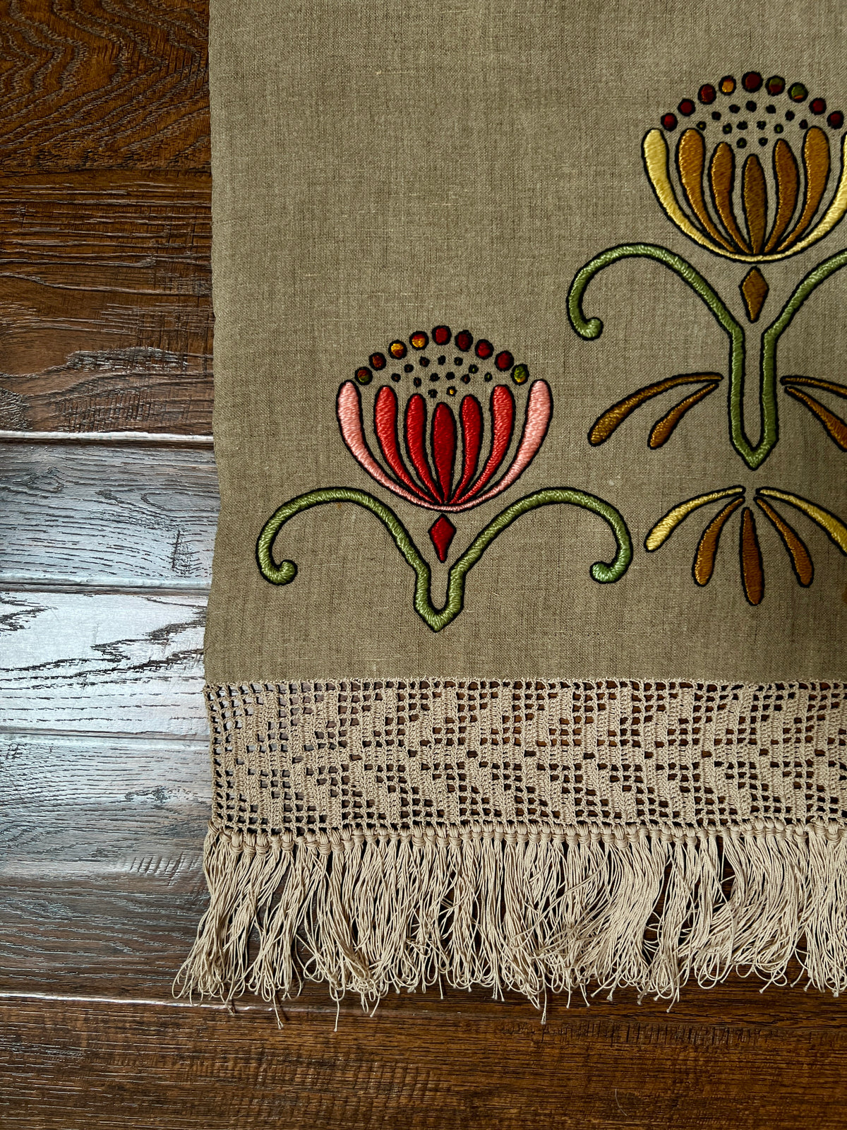Vintage Linen Table Runner - Hand Embroidered Art Deco Florals Crochet Lace Fringe