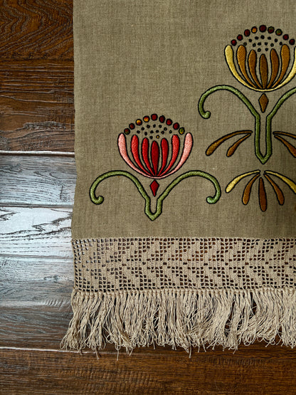 Vintage Linen Table Runner - Hand Embroidered Art Deco Florals Crochet Lace Fringe