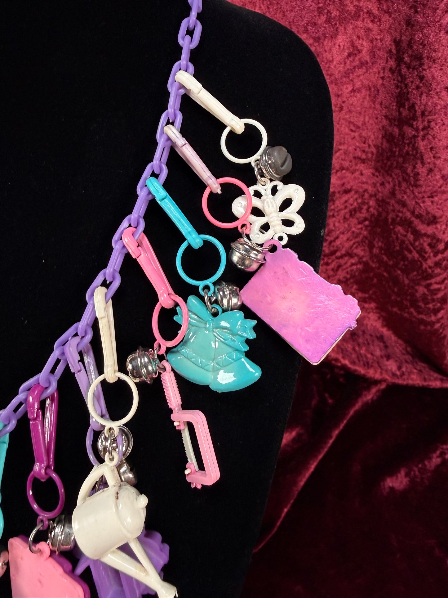 Vintage 1980s Plastic Chain Charm Necklace - 20 Bell Charms - Purple & Aqua Blue
