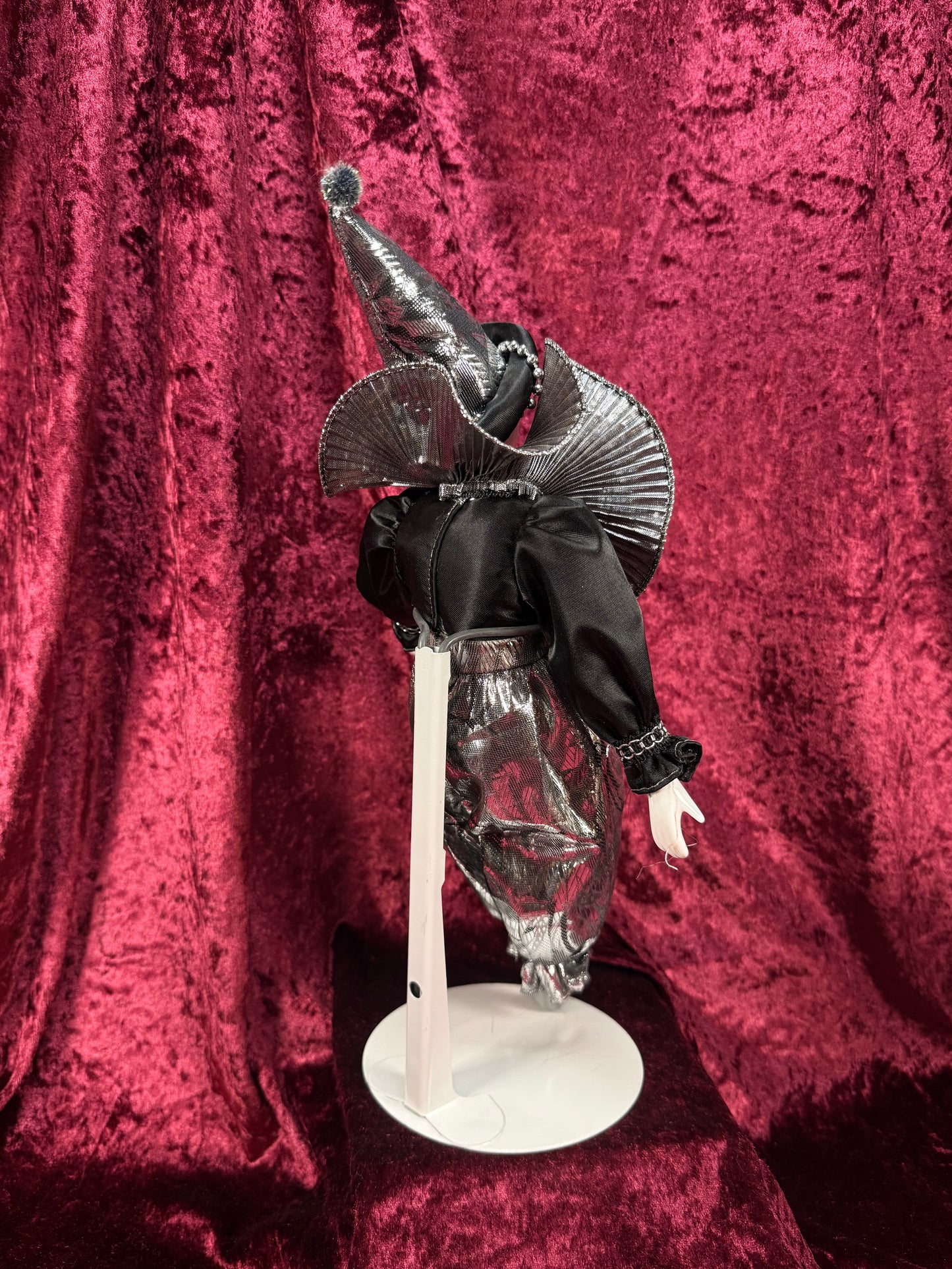 Vintage Silvestri Porcelain Pierrot Doll – Silver Metallic Black Harlequin Figure