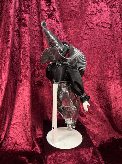 Vintage Silvestri Porcelain Pierrot Doll – Silver Metallic Black Harlequin Figure