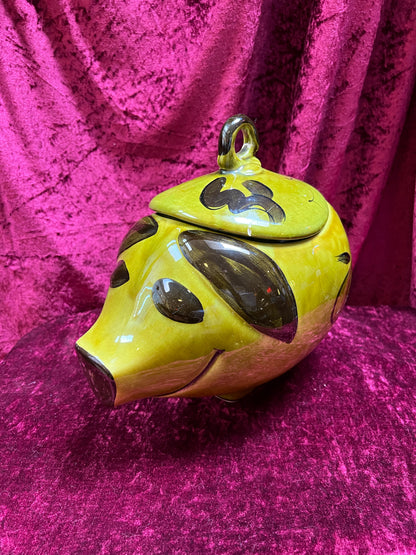 Vintage Kitchen - Ceramic Cookie Jar - Green Grinning Piggy - Los Angeles Pottery