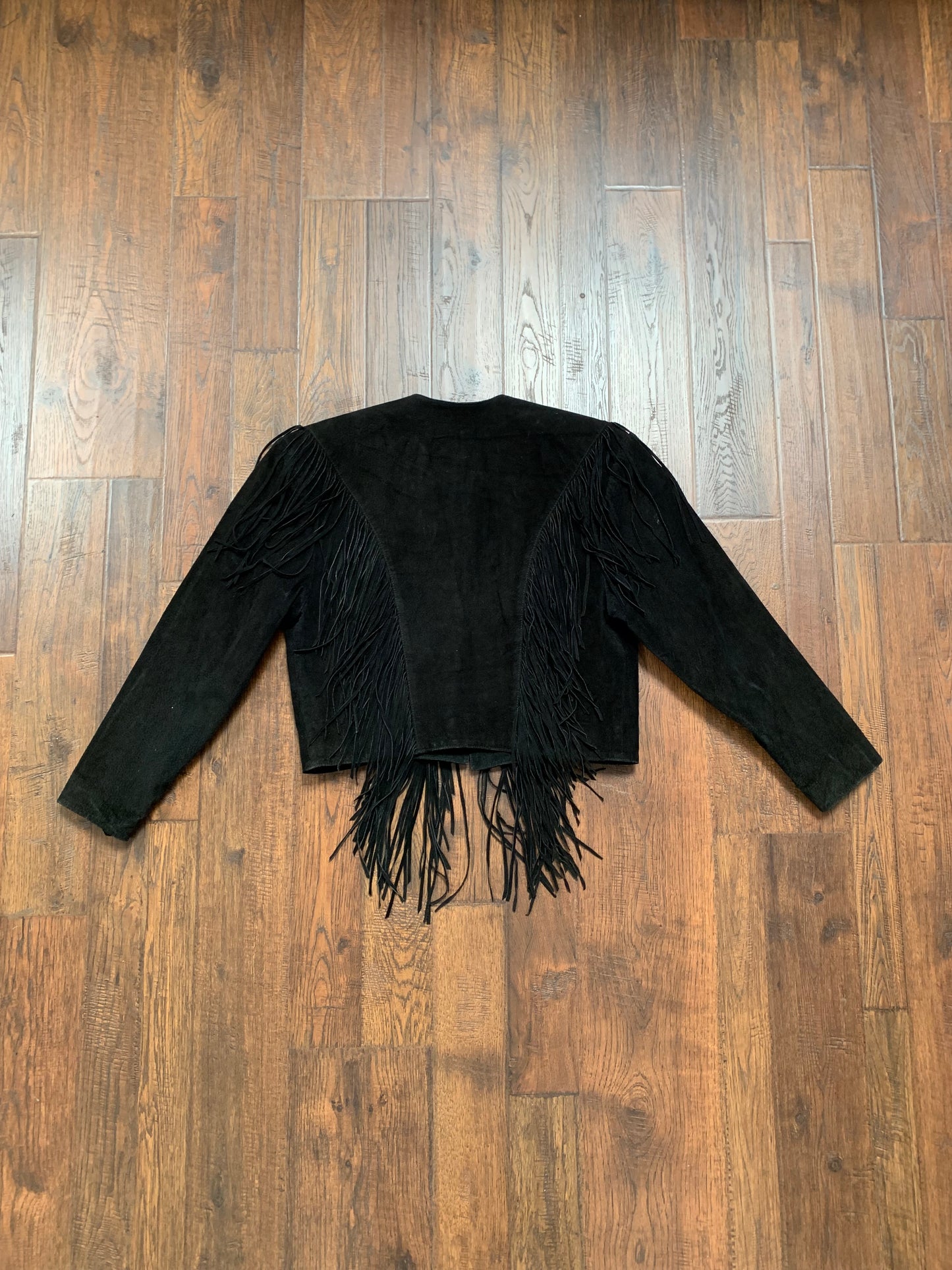 Vintage Bomber Jacket - Genuine Leather - Black Suede Fringe - Silver Conches - Scully - Large