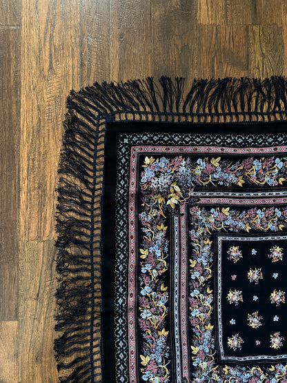 Vintage Kashmir Woole Floral Fringe Scarf - Dark Blue Square Wrap Bohemian Style