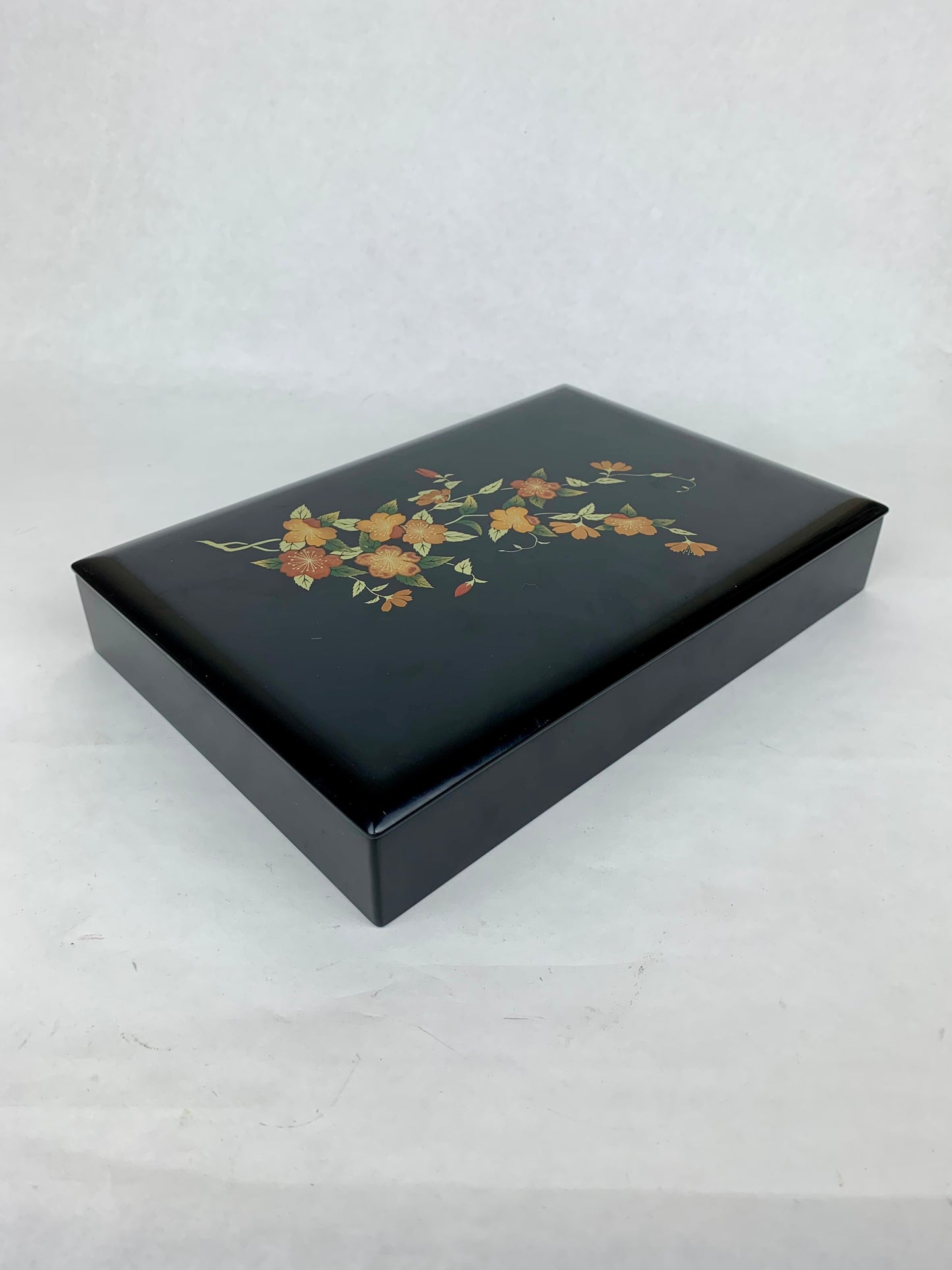 Vintage Black Lacquerware Trinket Box - Orange Floral Branch
