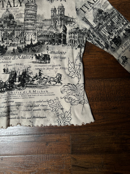 Vintage Impulse California Cotton Graphic Top — Scenic Italy Print Lettuce Hem - X-Large