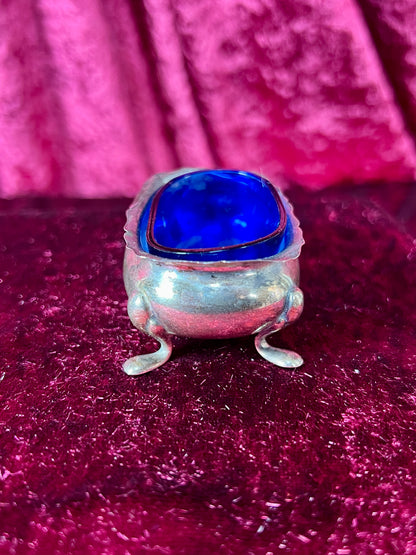 Vintage Kitchen - Footed Salt Cellar with Cobalt Blue Glass Insert - Sterling Silver - Dented