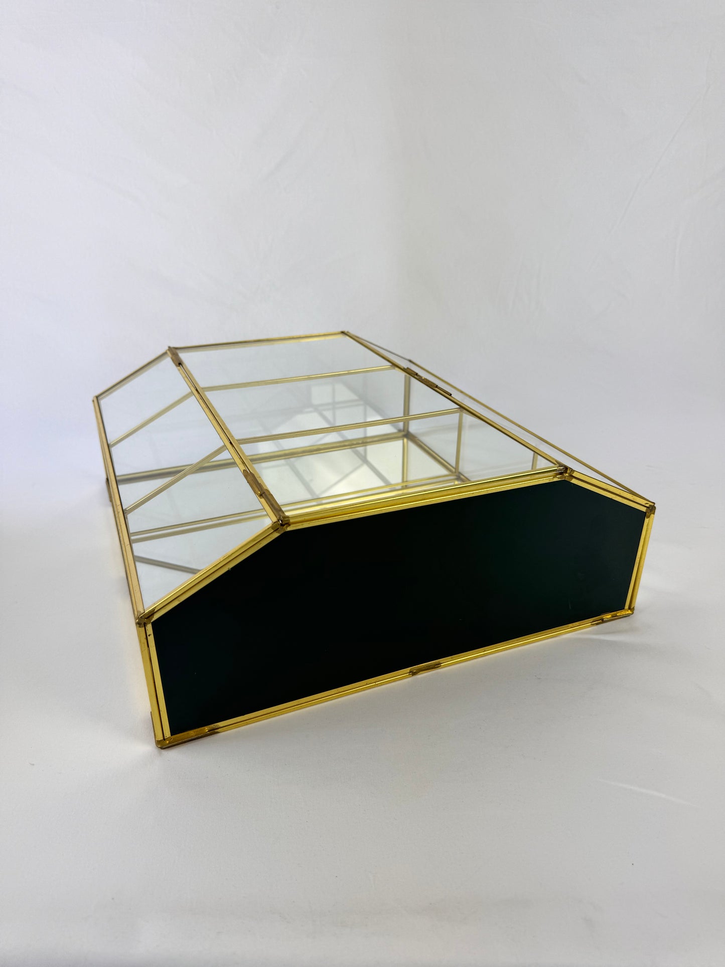 Vintage Mirrored Brass & Glass Wall Hanging Curio Cabinet - Large