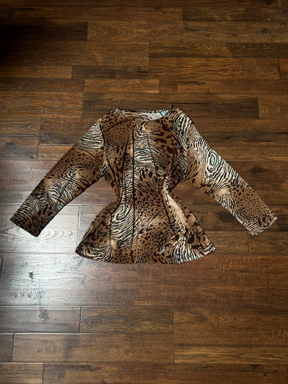 Vintage Rayon Blend Animal Print Top – Abstract Safari Long Sleeve – Large