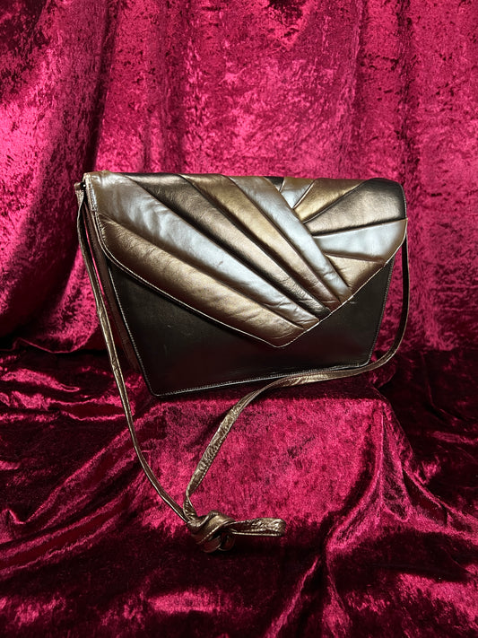 Vintage Metallic Bronze Shoulder Bag - Colorblock Leather Envelope Clutch