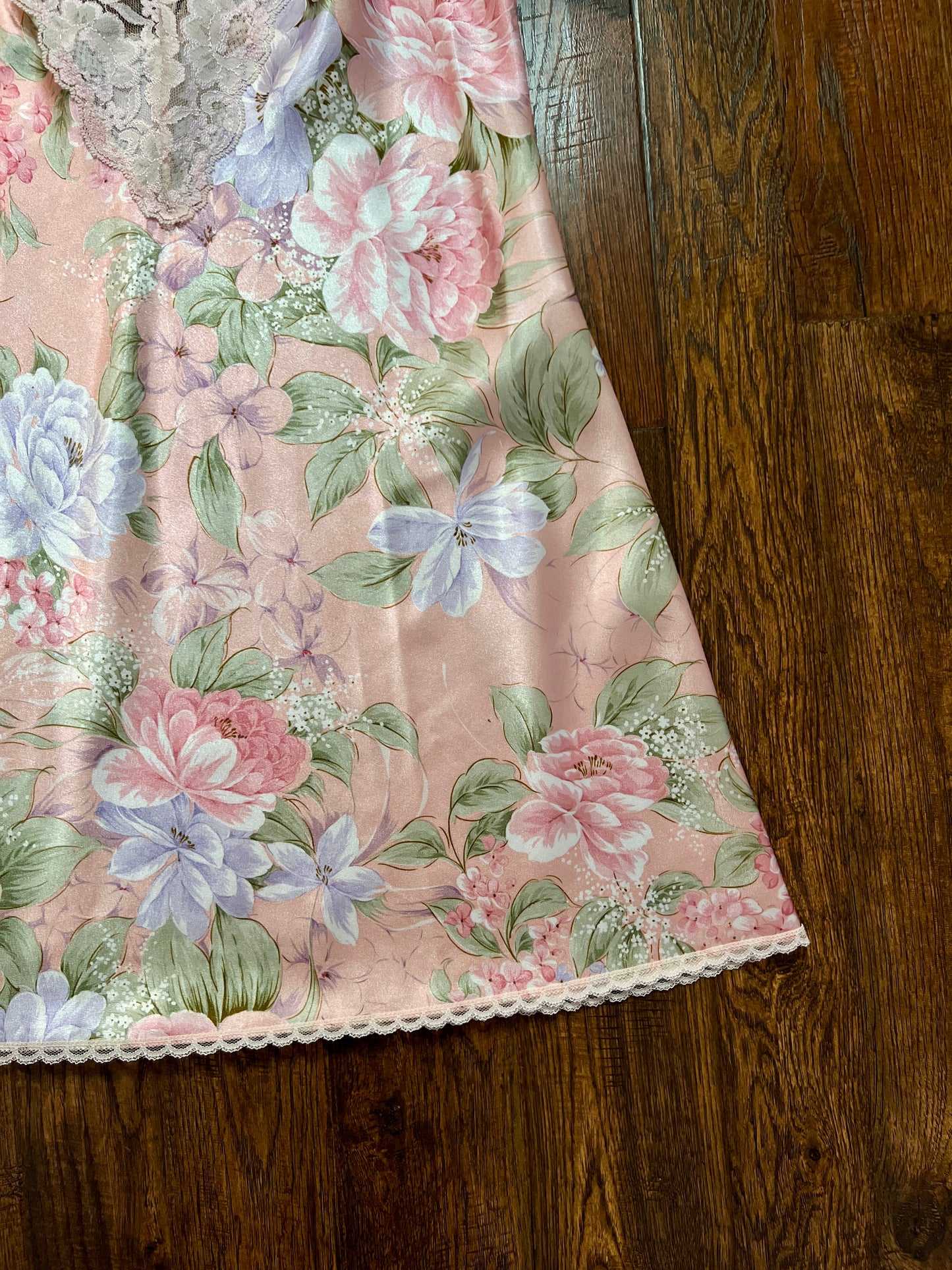 Vintage Silky Nightgown and Robe Lingerie Set - Pink Floral Print Peignoir Ensemble - Val Mode