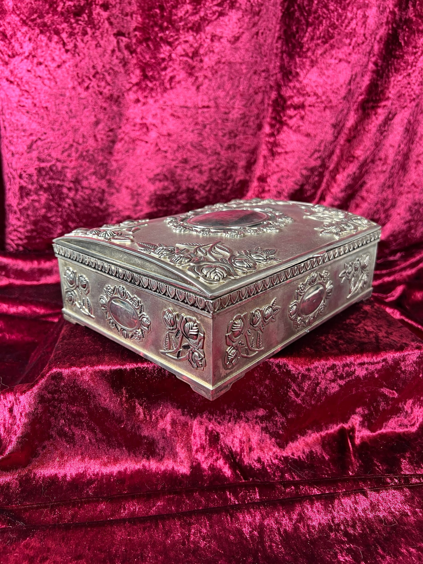 Vintage Vanity - Large Jewelry Box - Ornate Silver Rose Filigree - Red Felt Lining