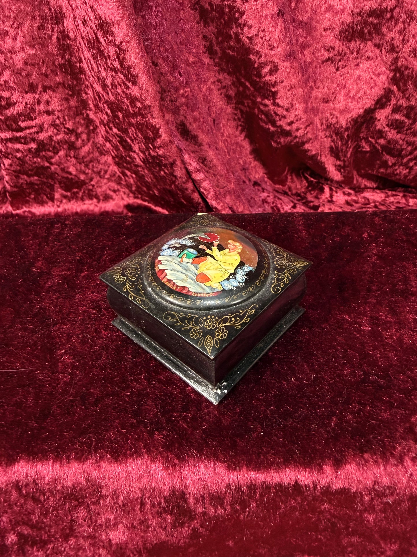 Vintage Lacquer Trinket Box with Hinged Lid – Man and Fish Fairytale Scene - Russian Kholui