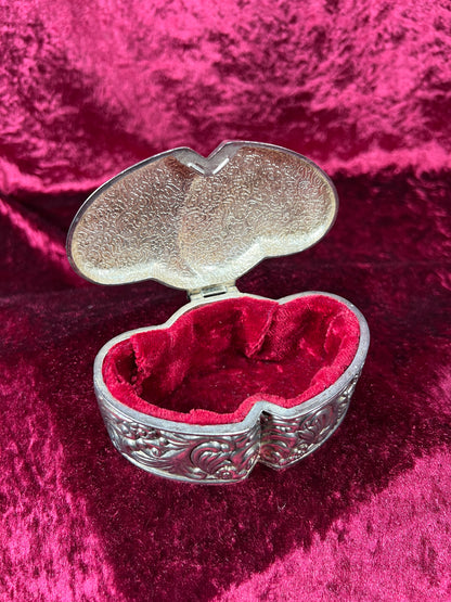 Vintage Jewelry Box - Antique Silver Patina - Double Hearts with Floral Filigree - Red Velvet Lining