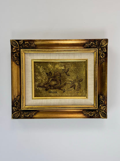 Vintage Framed Art - Gold Leaf Bird on a Branch with Ornate Gilt Frame - DENDLER