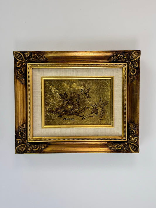 Vintage Framed Art - Gold Leaf Bird on a Branch with Ornate Gilt Frame - DENDLER