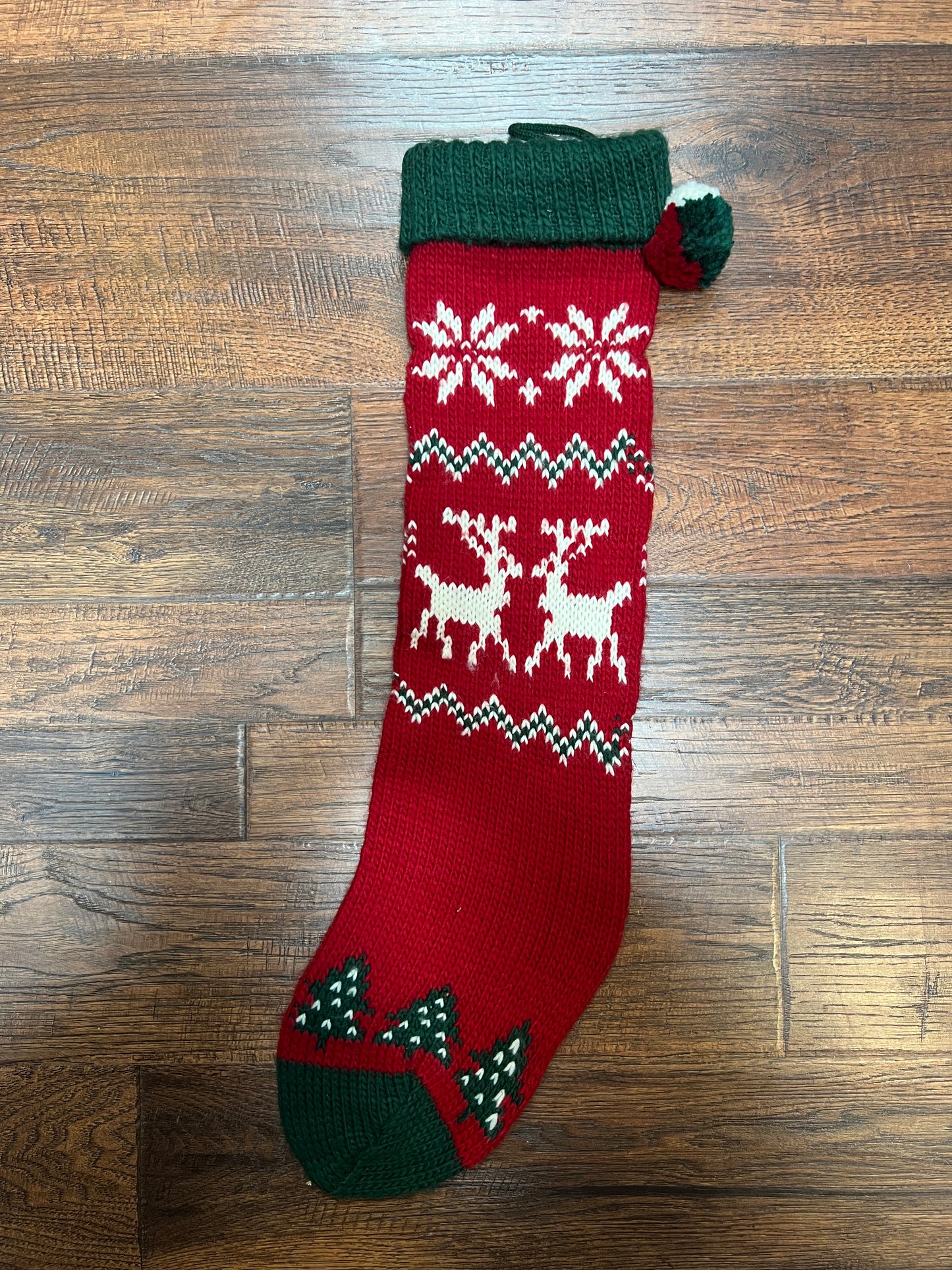Vintage Christmas - Knit Stocking - White Reindeer on Red