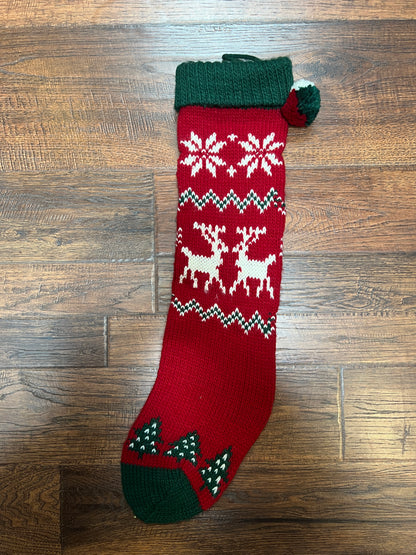 Vintage Christmas - Knit Stocking - White Reindeer on Red