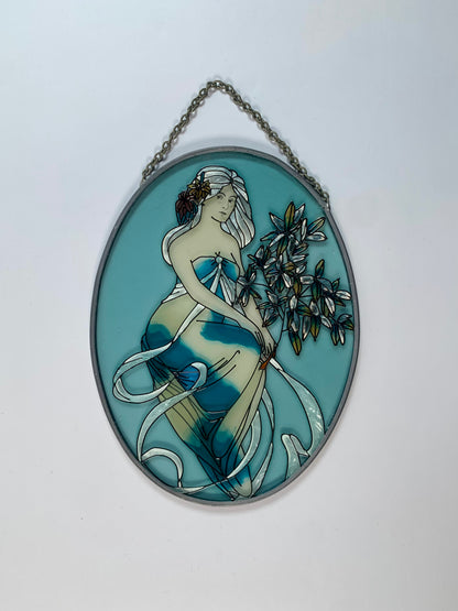 Vintage Suncatcher - Oval Painted Glass - Flower Fairy Queen