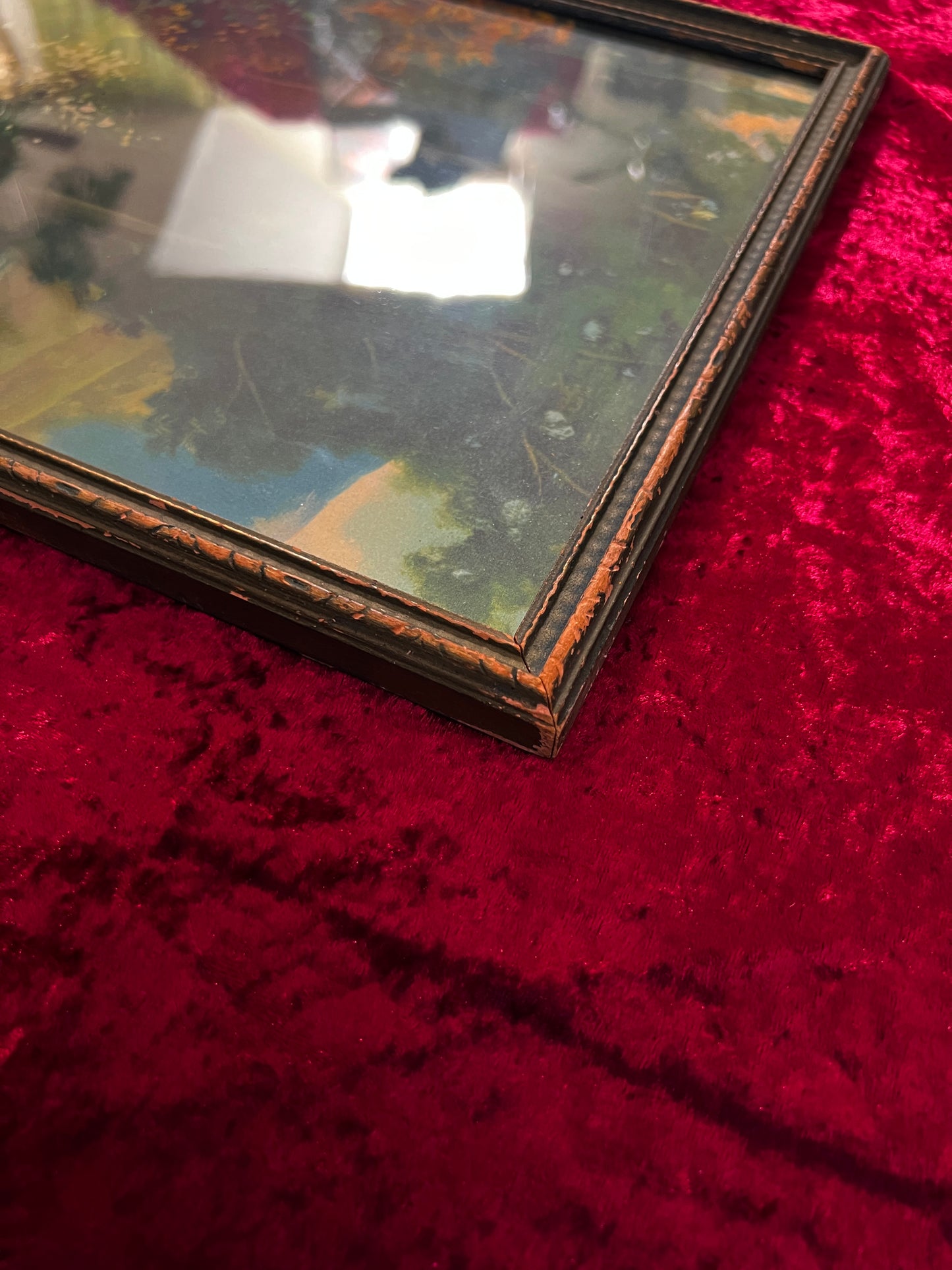 Vintage Framed Landscape Print - Woodland Lakeside Impressionist Scene