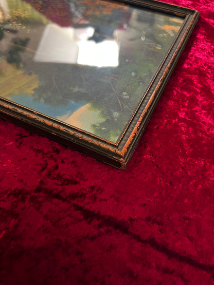 Vintage Framed Landscape Print - Woodland Lakeside Impressionist Scene