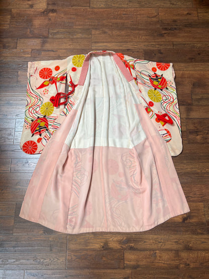 Vintage Clothing - Hand Sewn Kimono Robe - Abstract Floral Pattern - Crepe Silk - OS