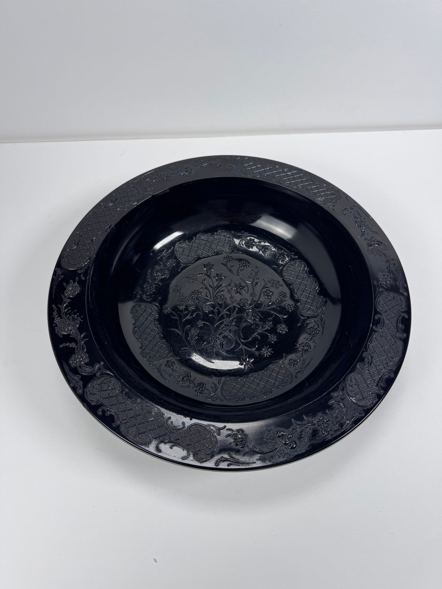 Vintage Footed Black Pressed Glass Bowl - Floral Trellis Decorative Pattern