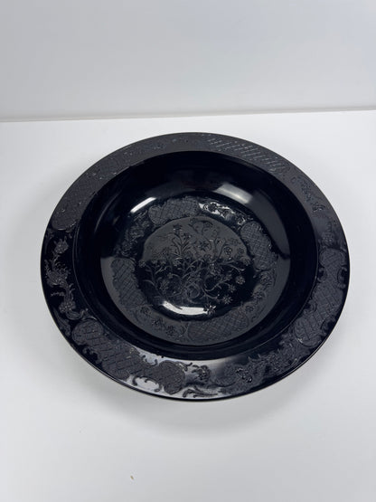 Vintage Footed Black Pressed Glass Bowl - Floral Trellis Decorative Pattern