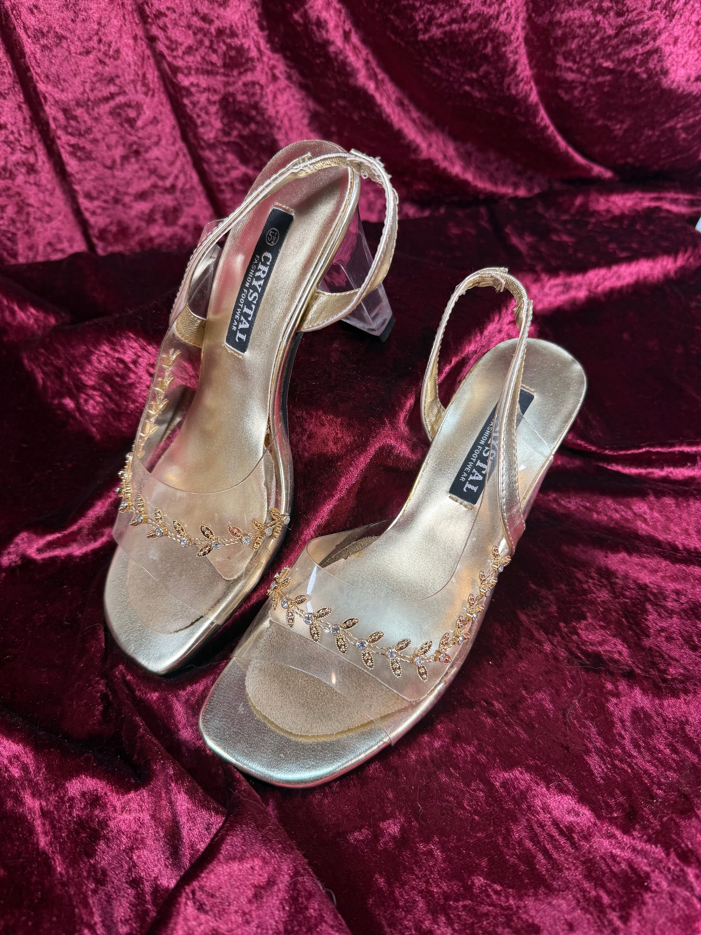 Vintage Shoes - Peep Toe Sling Backs with Lucite Heels and Gold Embellishments - Size 5