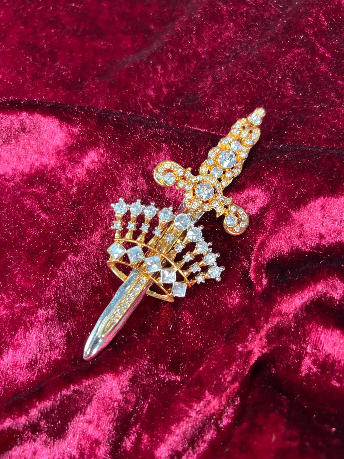 Vintage Jewelry - Brooch - Sword and Crown - Mixed Tone Metals and Clear Rhinestones - L-S